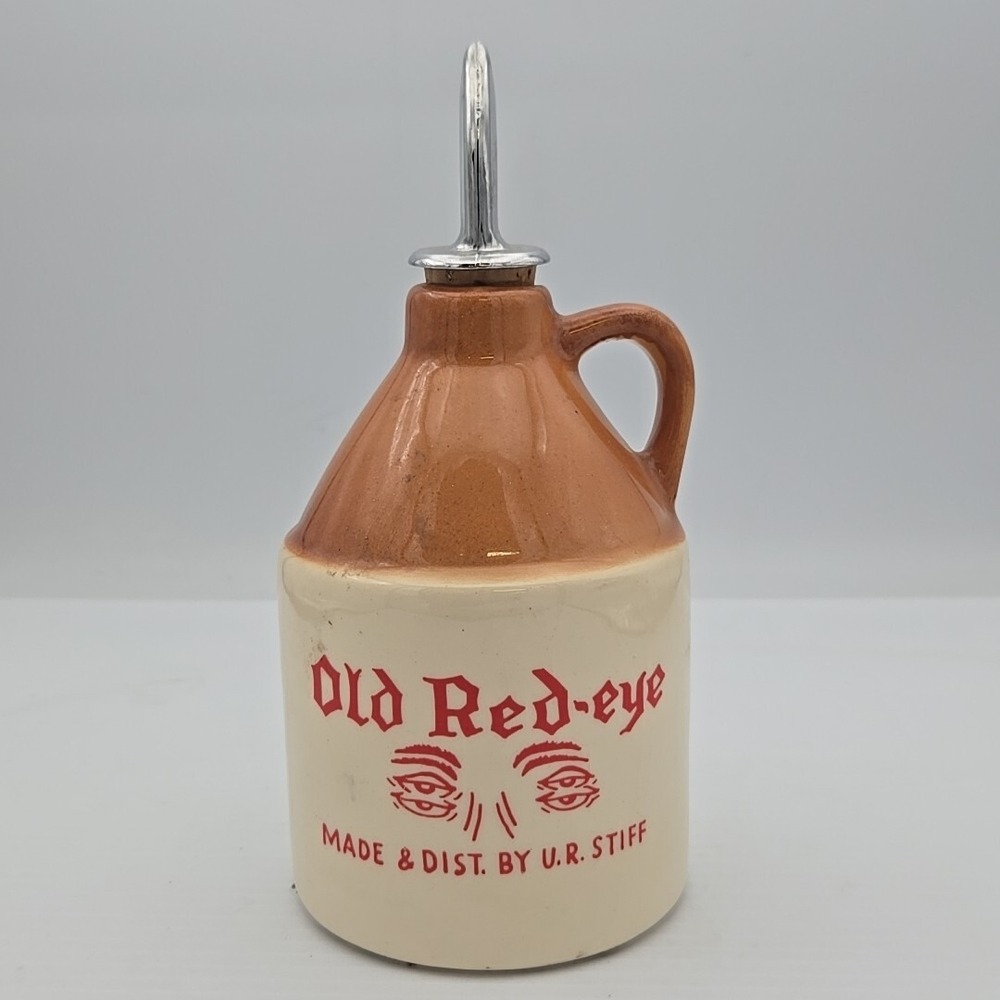 Vintage Old Red-Eye Gag Jug Pottery Cork Pourer U.R. STIFF Tan Brown Small